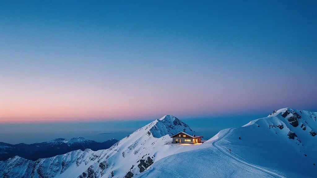 Dégradé de couleurs de l'heure bleue en haute montagne avec des teintes bleu profond et rose violet au-dessus de crêtes enneigées