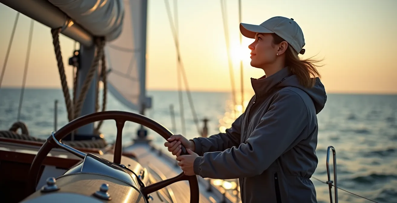 Navigateur fixant l'horizon depuis le pont d'un voilier pour prévenir le mal de mer