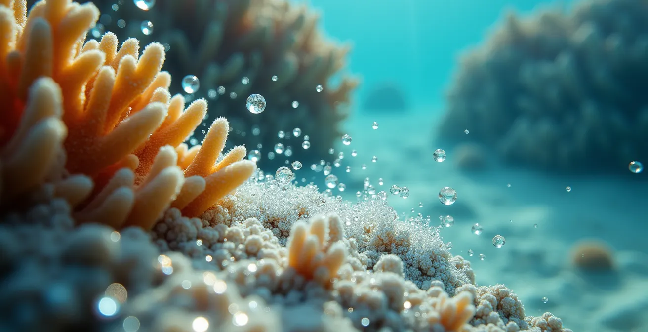 Vue macro sous-marine de particules de crème solaire formant une pellicule à la surface de l'eau avec coraux en arrière-plan