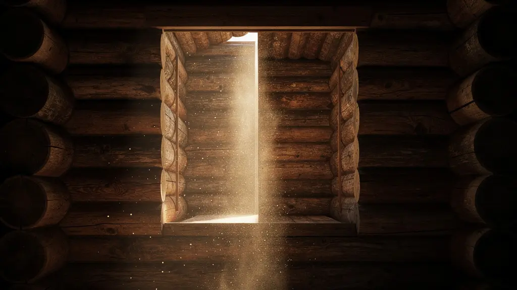 Intérieur minimaliste d'un chalet montrant un puits de lumière naturelle traversant un mur épais en bois.