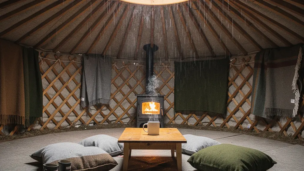 Intérieur chaleureux d'une yourte traditionnelle avec lumière naturelle tombant du tonoo central tandis que la pluie ruisselle sur la toile extérieure