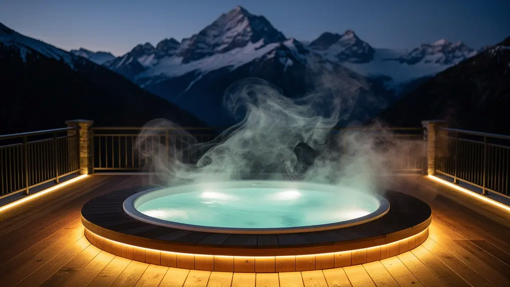 Jacuzzi encastré sur terrasse en bois avec éclairage indirect ambré au crépuscule