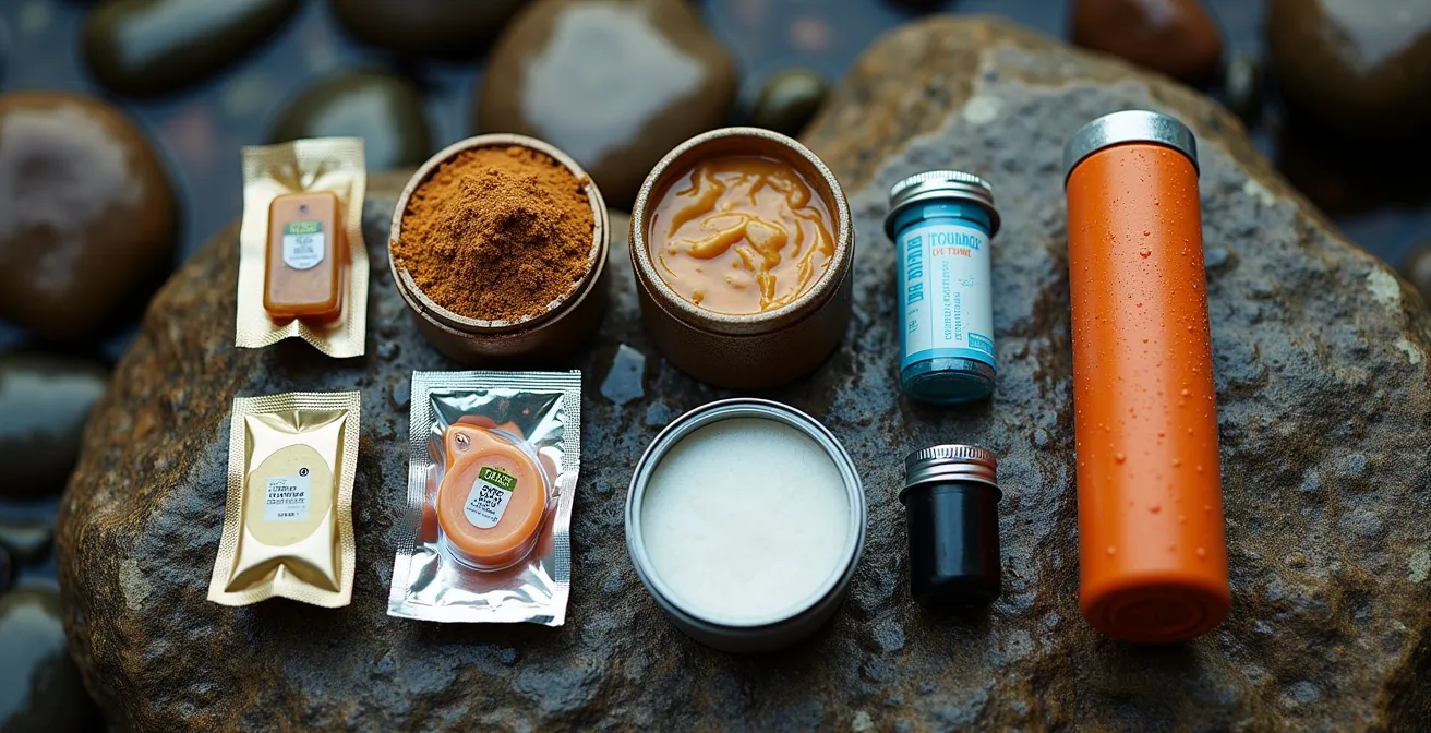 Vue macro détaillée d'un kit de survie compact avec aliments déshydratés et système de purification d'eau