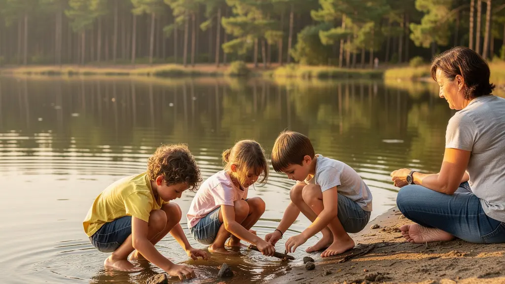 Enfants jouant au bord d'un lac landais avec forêt de pins en reflet