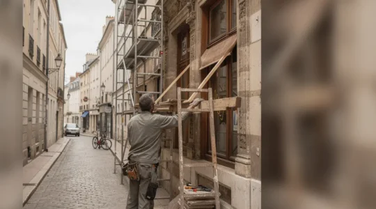 Rue d'un centre historique en France avec un immeuble ancien en rénovation, échafaudage discret et lumière naturelle, avec un espace vide pour un titre.