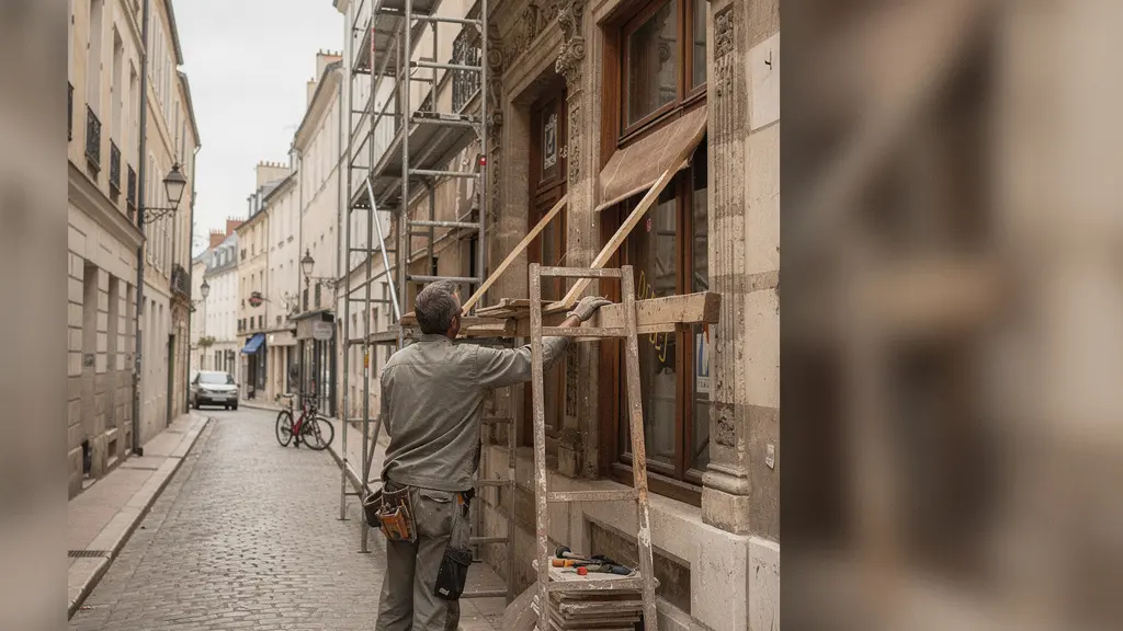 Rue d'un centre historique en France avec un immeuble ancien en rénovation, échafaudage discret et lumière naturelle, avec un espace vide pour un titre.