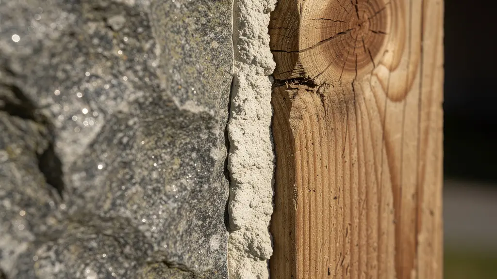 Plan macroscopique montrant la texture d'un vieux joint à la chaux respirant entre une pierre granitique et une poutre en bois.
