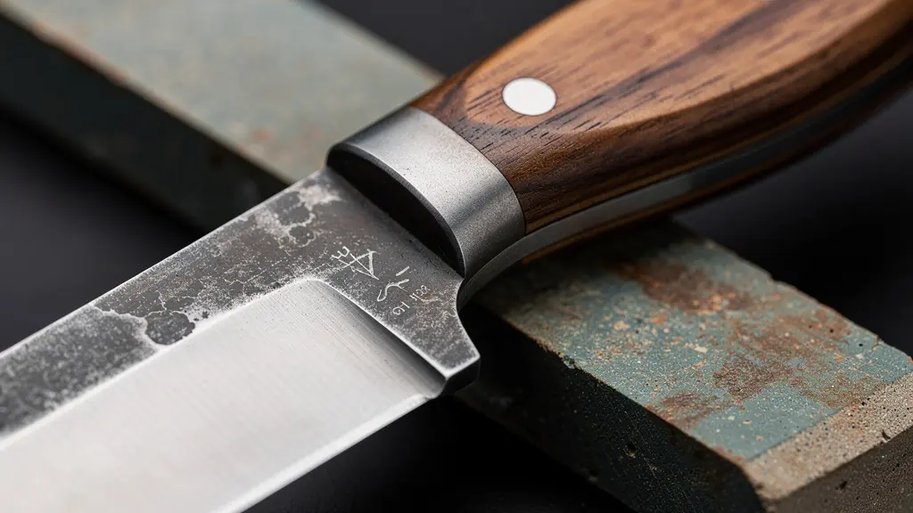 Gros plan macro d'une lame patinée et d'un manche en bois veiné, montrant les textures et la finition d'un couteau artisanal sans aucun texte visible.