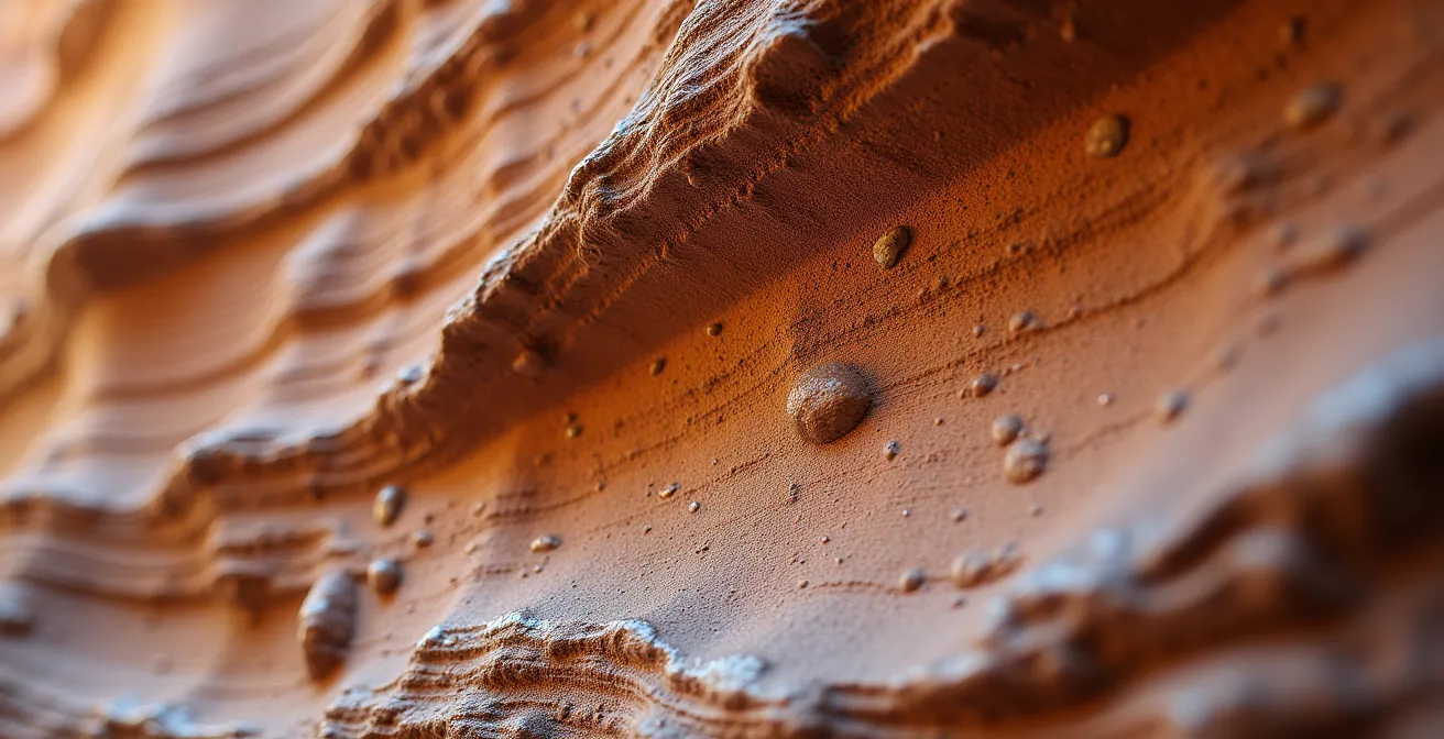 Détail macro d'une paroi rocheuse montrant les strates géologiques et les marques d'érosion par l'eau