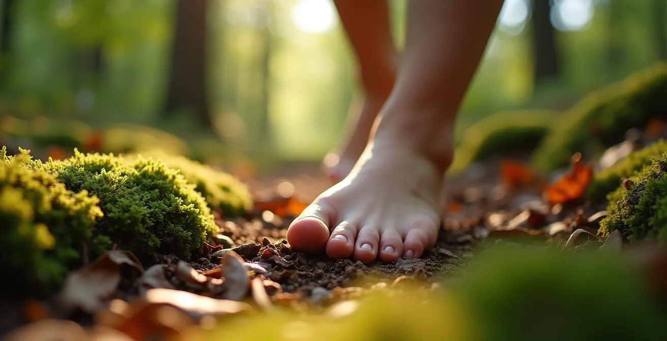 Pieds nus sur un sentier forestier moussu en pleine conscience