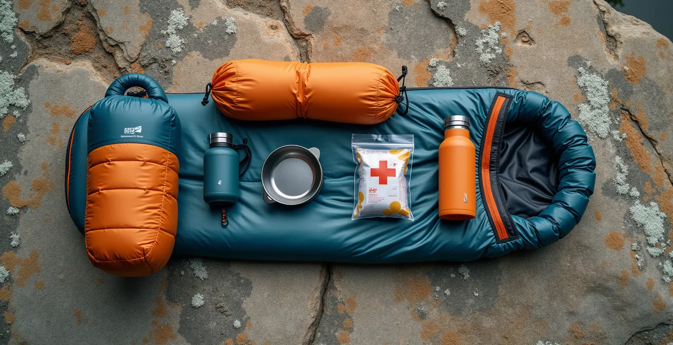 Vue aérienne d'un équipement de randonnée minimaliste organisé sur une surface naturelle