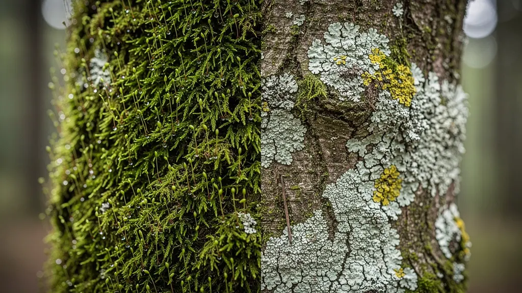 Vue rapprochée de mousses et lichens sur un tronc d'arbre montrant l'orientation naturelle