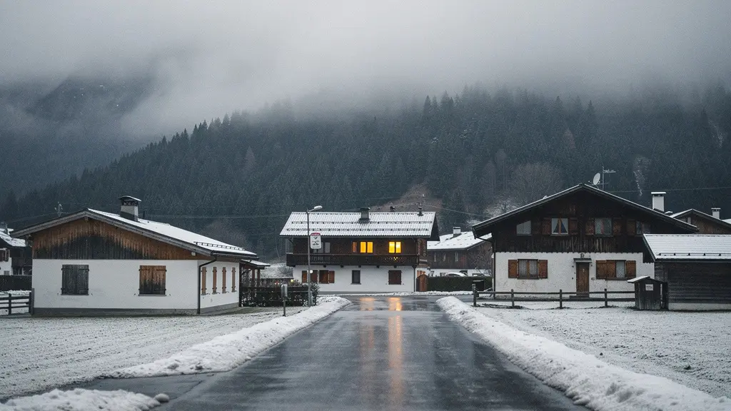 Hameau de montagne silencieux en novembre, route humide et ciel bas, avec un seul chalet éclairé au loin et un grand espace vide dans le ciel.