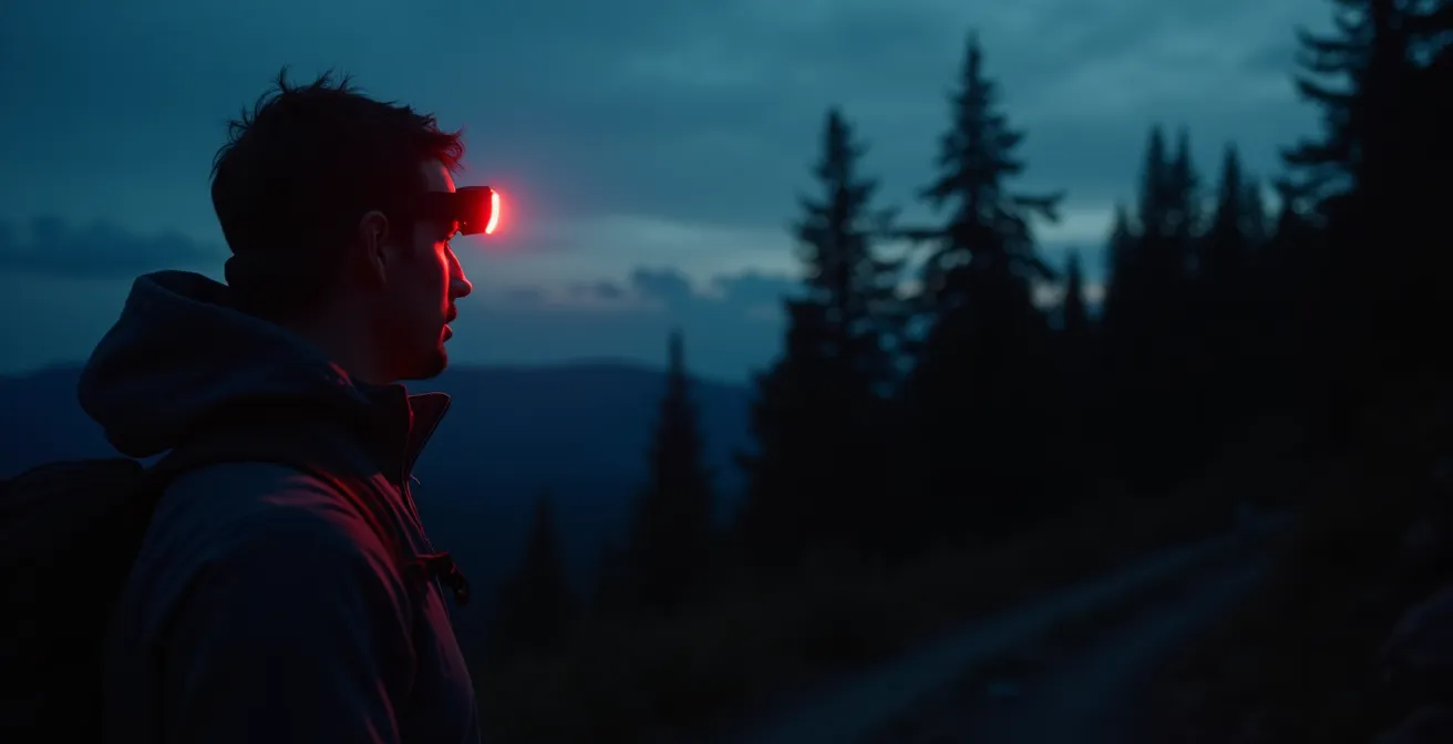 Randonneur utilisant une lampe frontale rouge pour observer discrètement la faune au crépuscule