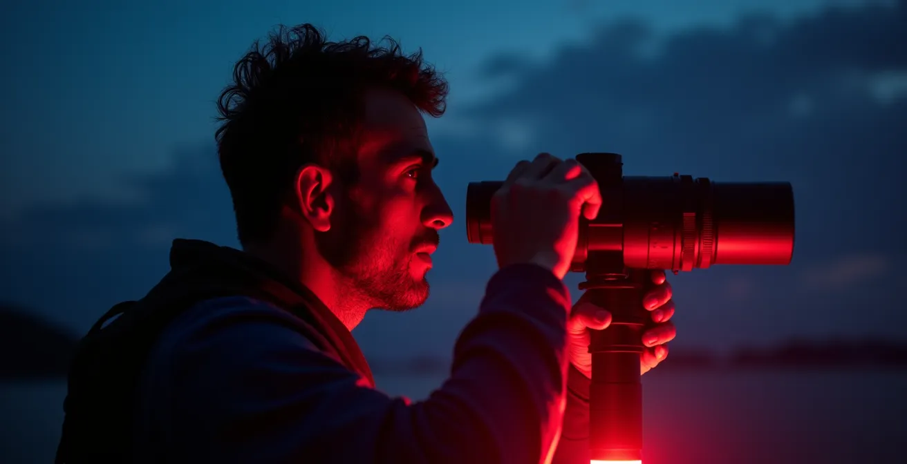 Observateur utilisant une lampe à lumière rouge sur un bateau au crépuscule pour préserver la vision nocturne