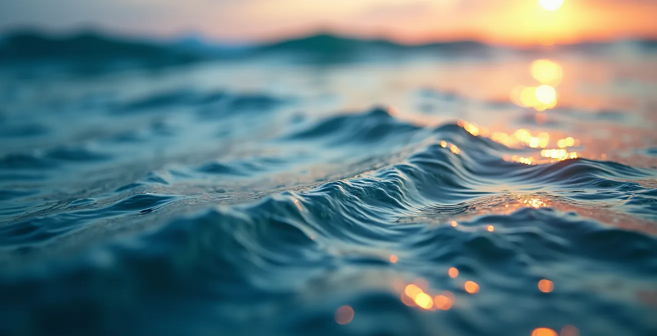 Vue aérienne minimaliste de l'océan avec conditions glassy au lever du soleil