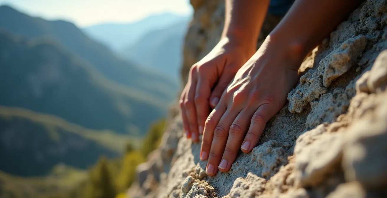 Mains agrippées à une prise rocheuse en gros plan avec vallée floue en arrière-plan
