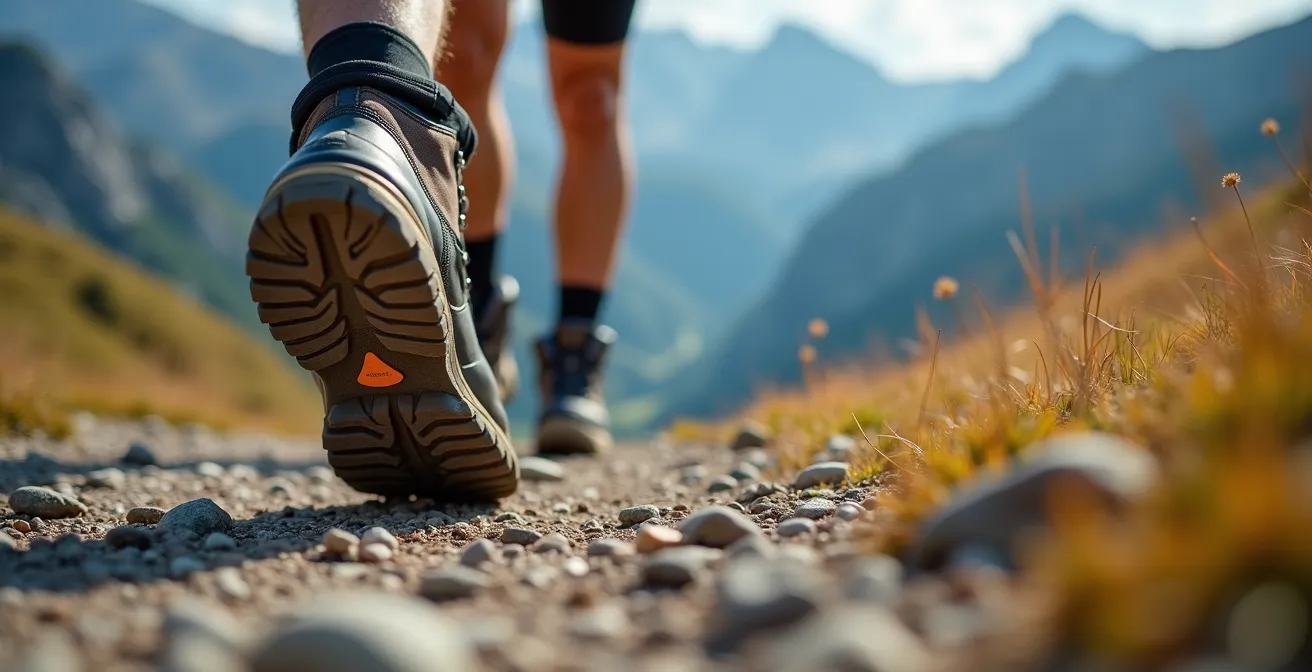 Randonneur effectuant des rotations de chevilles pendant une pause minute