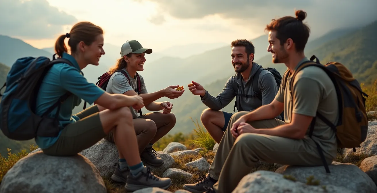 Randonneurs assis en cercle partageant une collation lors d'une pause en montagne