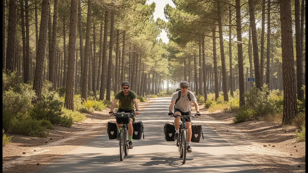 Cyclistes sur piste ombragée entre pins maritimes avec sacoches de voyage
