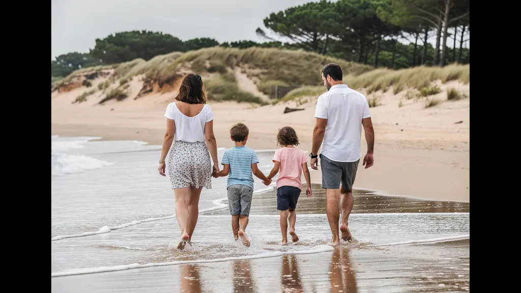 Famille marchant sur plage landaise avec dunes et pins maritimes en arrière-plan