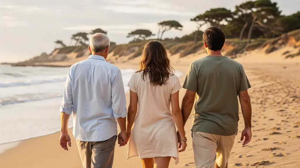 Famille marchant sur plage landaise avec pins maritimes en arrière-plan