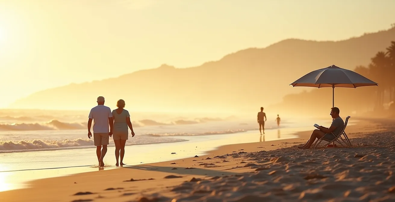 Plage en septembre avec peu de monde et lumière dorée
