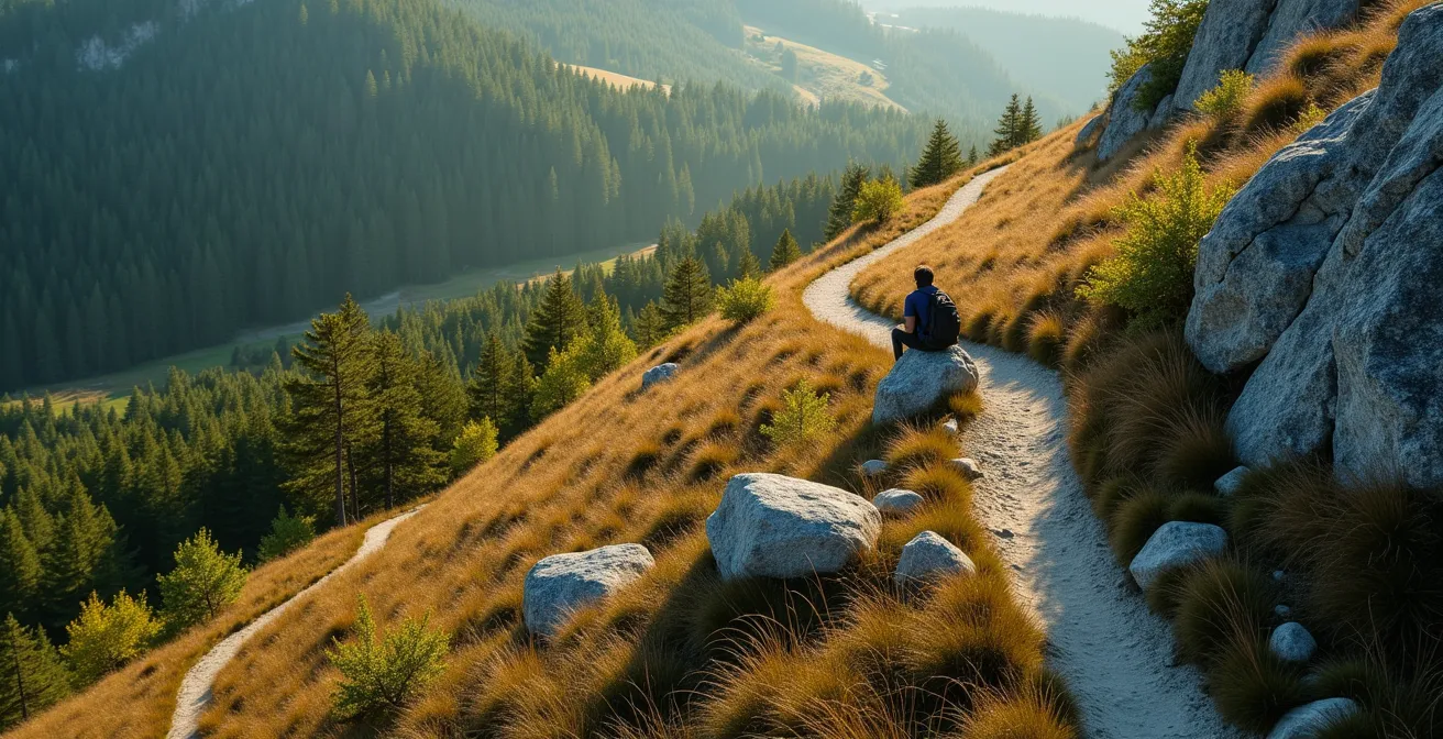 Vue aérienne d'un sentier sinueux dans la nature avec une personne marchant lentement