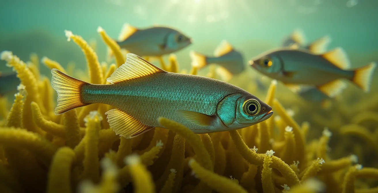 Banc de saupes broutant sur un herbier de posidonie en Méditerranée