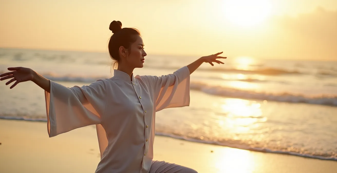Personne pratiquant le Tai-Chi au lever du soleil sur une plage