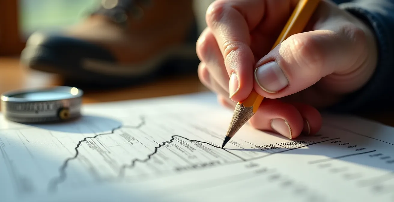 Vue macro d'une main traçant un profil altimétrique sur papier millimétré avec ombres et reliefs