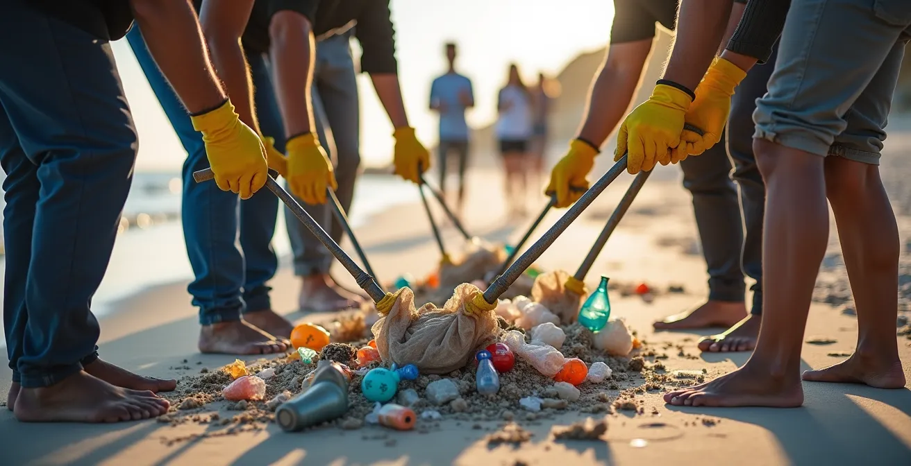 Groupe de bénévoles équipés ramassant des déchets sur une plage française