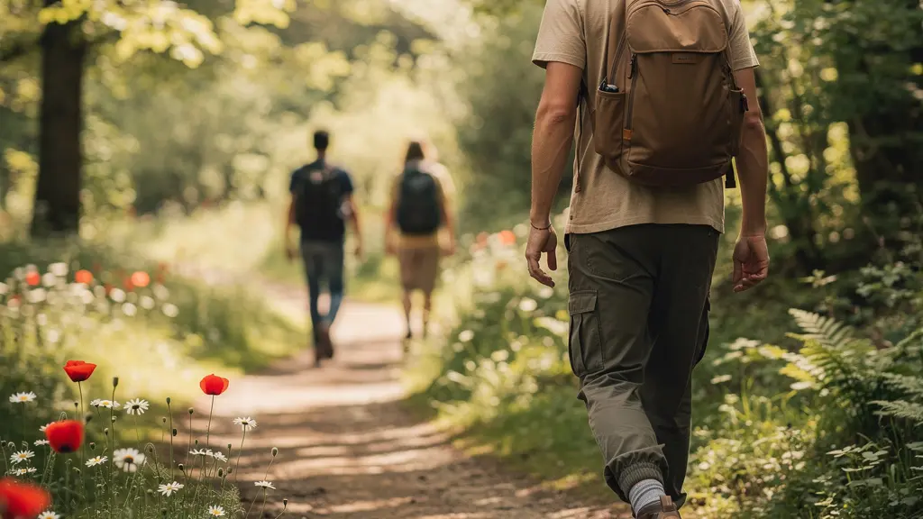 Sentier de randonnée en pleine nature française avec silhouettes de marcheurs à différentes distances, illustrant les écarts de rythme dans un groupe