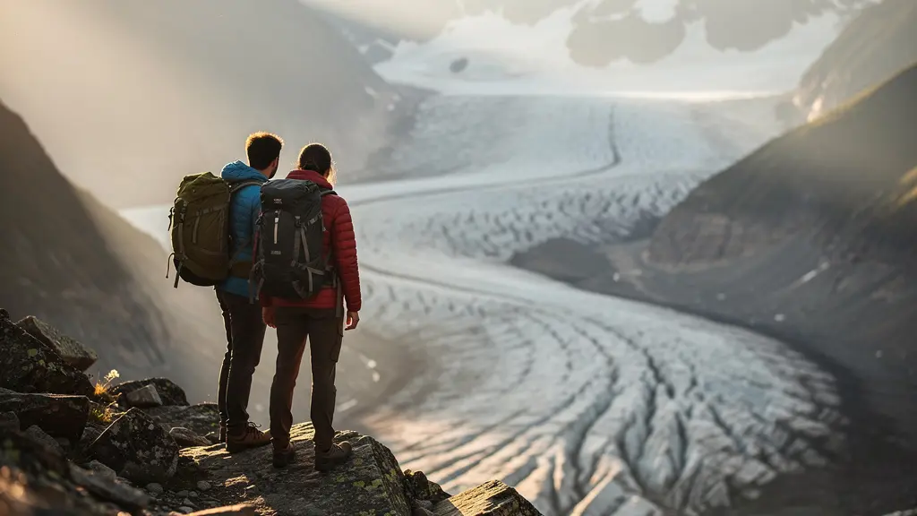 Randonneurs contemplant un glacier depuis un promontoire rocheux, immergés dans le paysage sans impact carbone