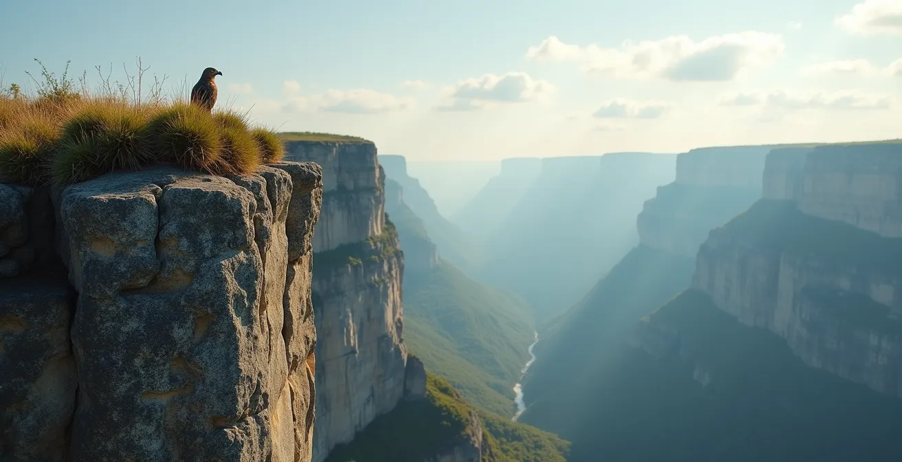 Vue large d'une falaise avec aire de rapace, montrant la distance de sécurité à respecter