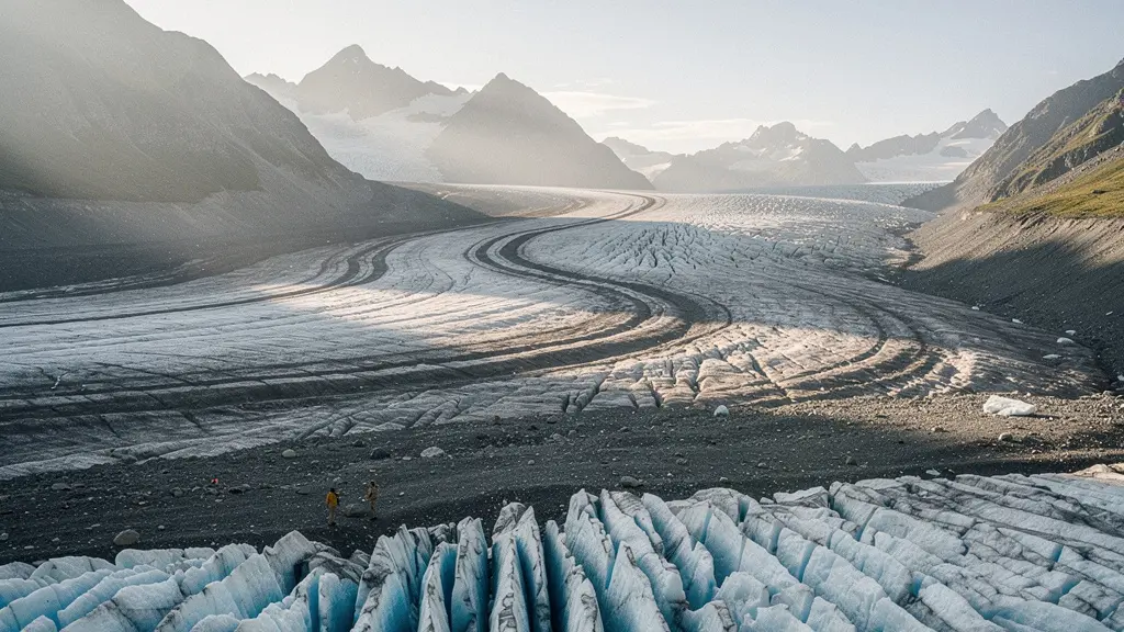 Vue aérienne spectaculaire d'un glacier alpin montrant le contraste entre la glace bleue ancienne et les moraines grises exposées par le recul récent