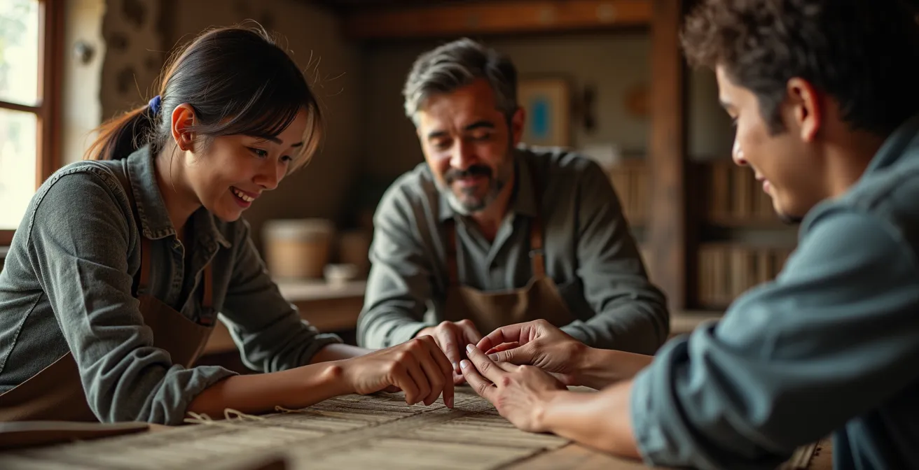 Échange chaleureux entre voyageur et artisan au travail