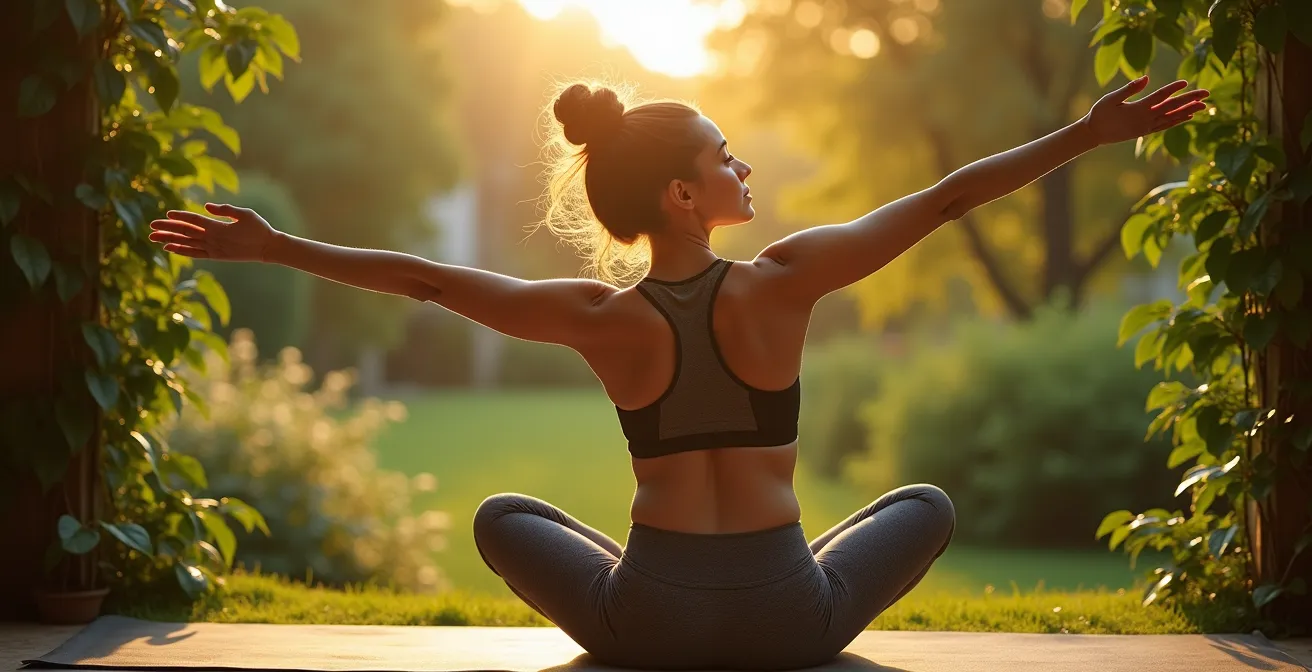 Personne pratiquant des étirements doux au lever du soleil dans un jardin verdoyant