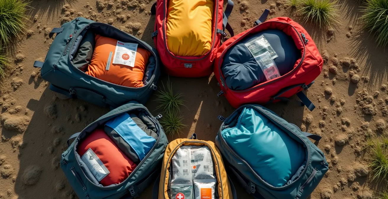 Vue aérienne de sacs à dos ouverts avec équipement de randonnée organisé et réparti
