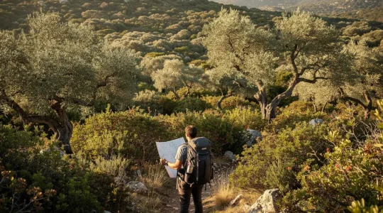 Randonneur étudiant une carte IGN dans un environnement de maquis dense