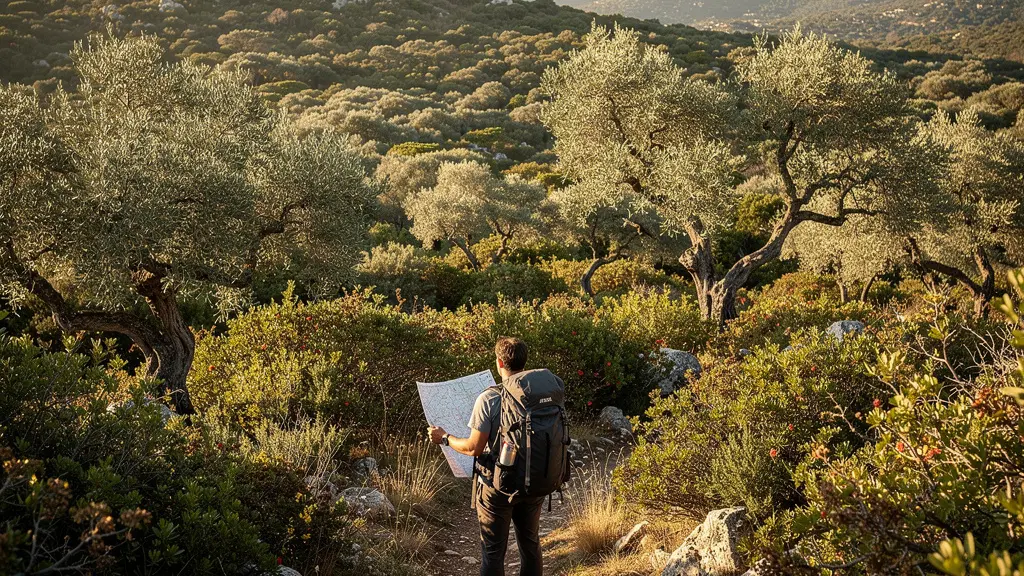 Randonneur étudiant une carte IGN dans un environnement de maquis dense