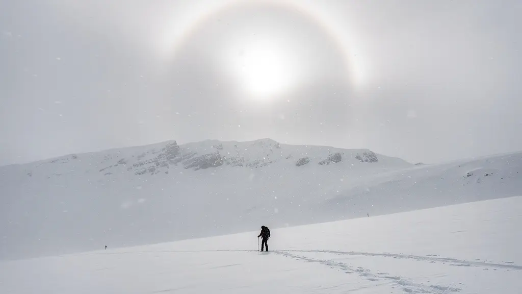 Paysage de montagne enneigé à faible visibilité avec un halo discret autour du soleil et beaucoup d’espace négatif.