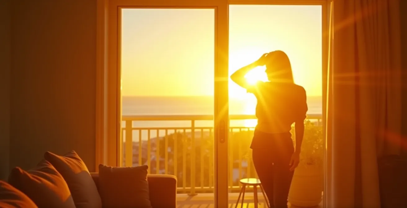 Intérieur d'appartement baigné par lumière rasante du soleil couchant créant éblouissement intense