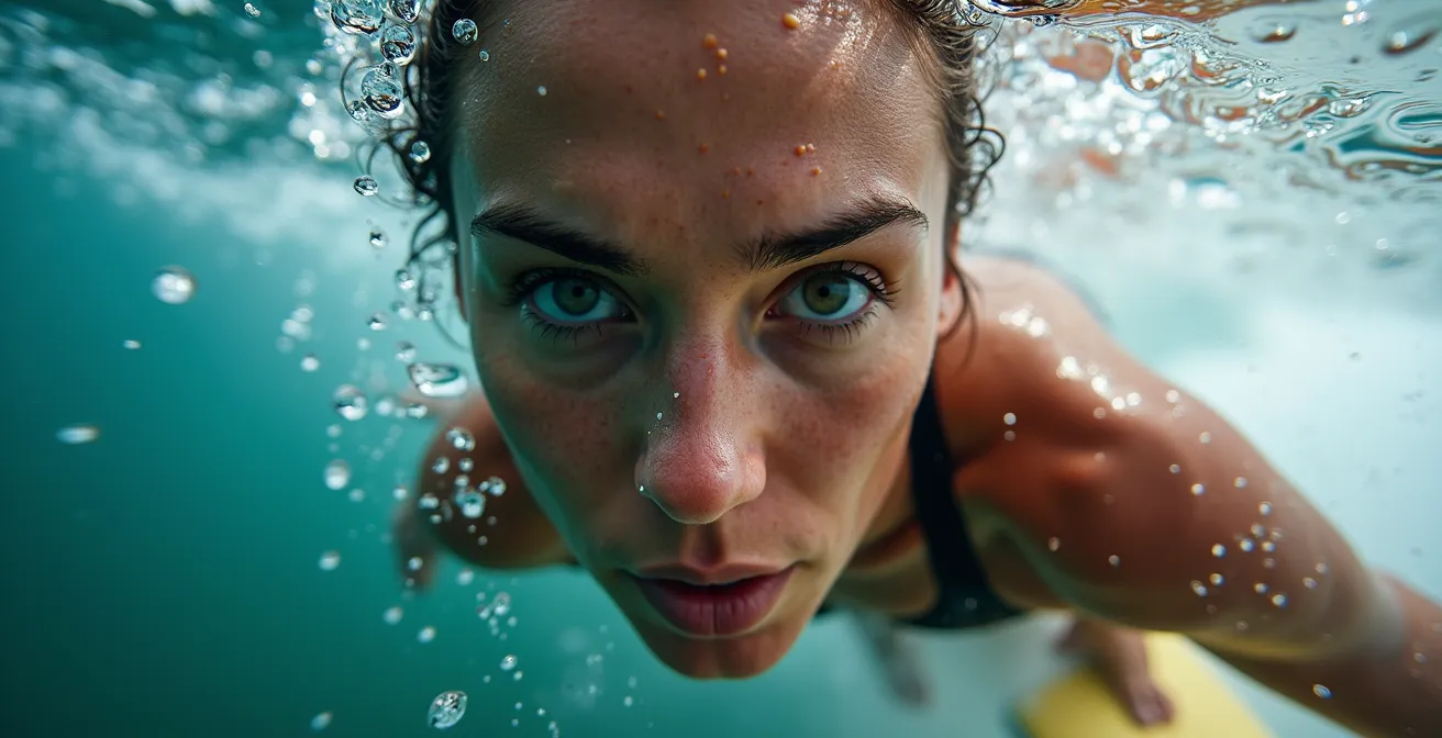 Surfeur en train de passer sous une vague en canard avec concentration intense