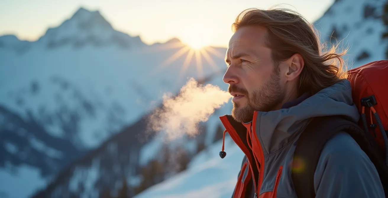 Personne en montagne montrant le système de couches vestimentaires par temps extrême