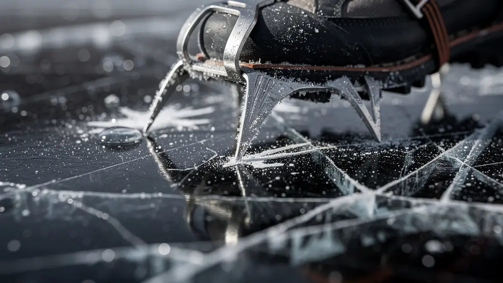 Gros plan sur des crampons mordant dans une surface de glace noire et lisse avec la technique pieds à plat