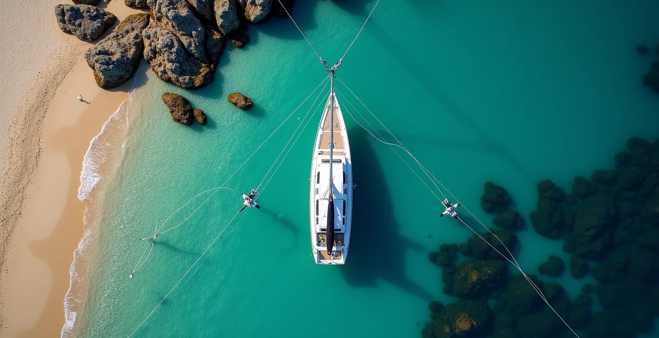 Vue aérienne d'un voilier stabilisé près d'une plage avec système de double mouillage