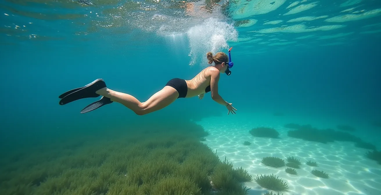 Nageur en snorkeling démontrant la technique de palmage en surface au-dessus d'un herbier de posidonie