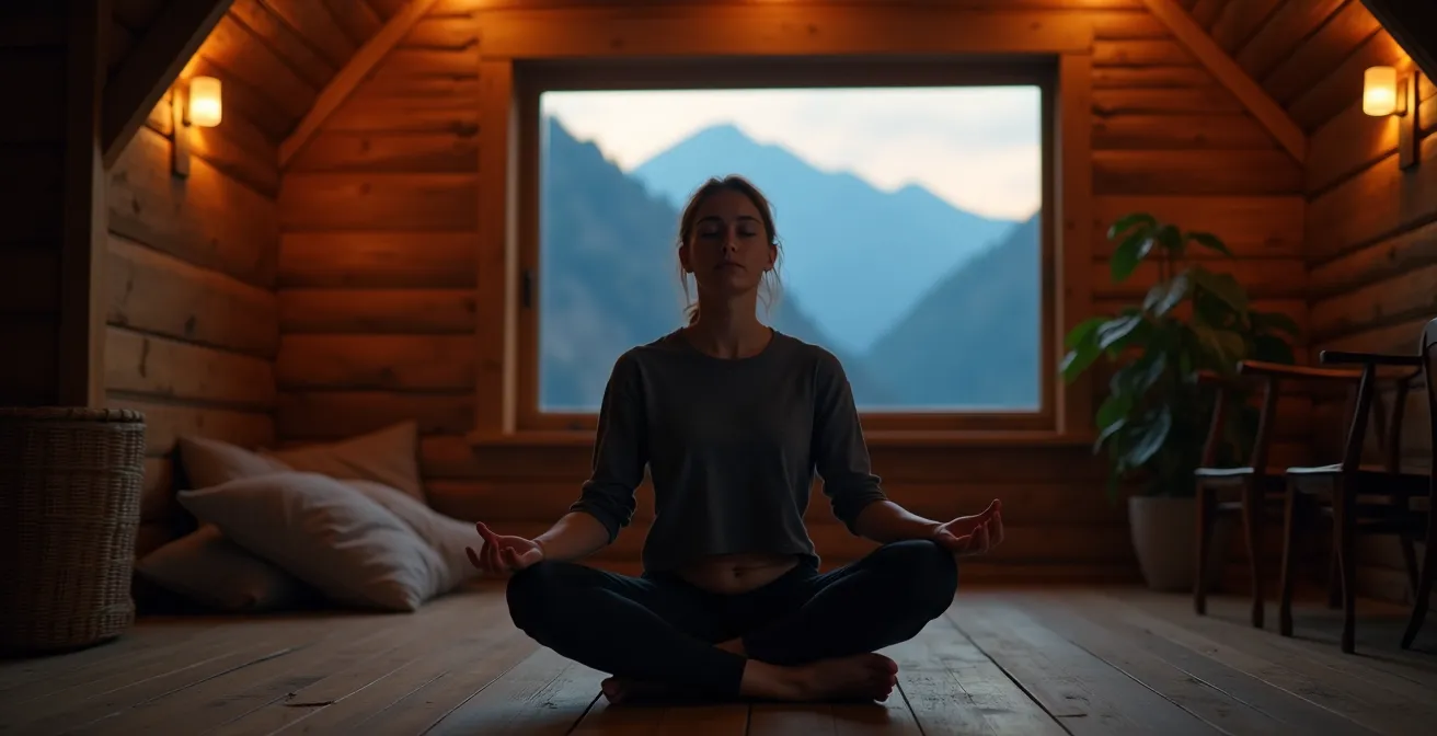 Personne pratiquant des exercices de respiration profonde dans un refuge de montagne au crépuscule