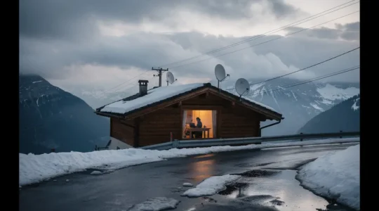 Chalet de montagne à 1200 m avec deux petites paraboles satellites sur le toit sous un ciel d’hiver, lumière chaude à l’intérieur et grand espace de ciel libre pour le titre.